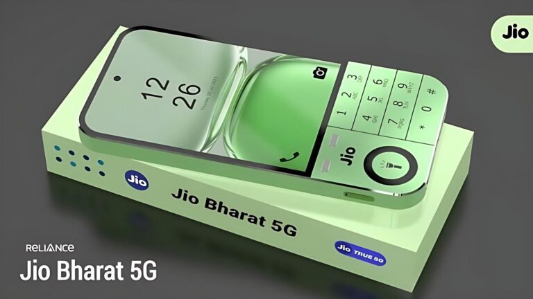 Reliance Jio Bharat 5G mobile phone in light green with numeric keypad and large display